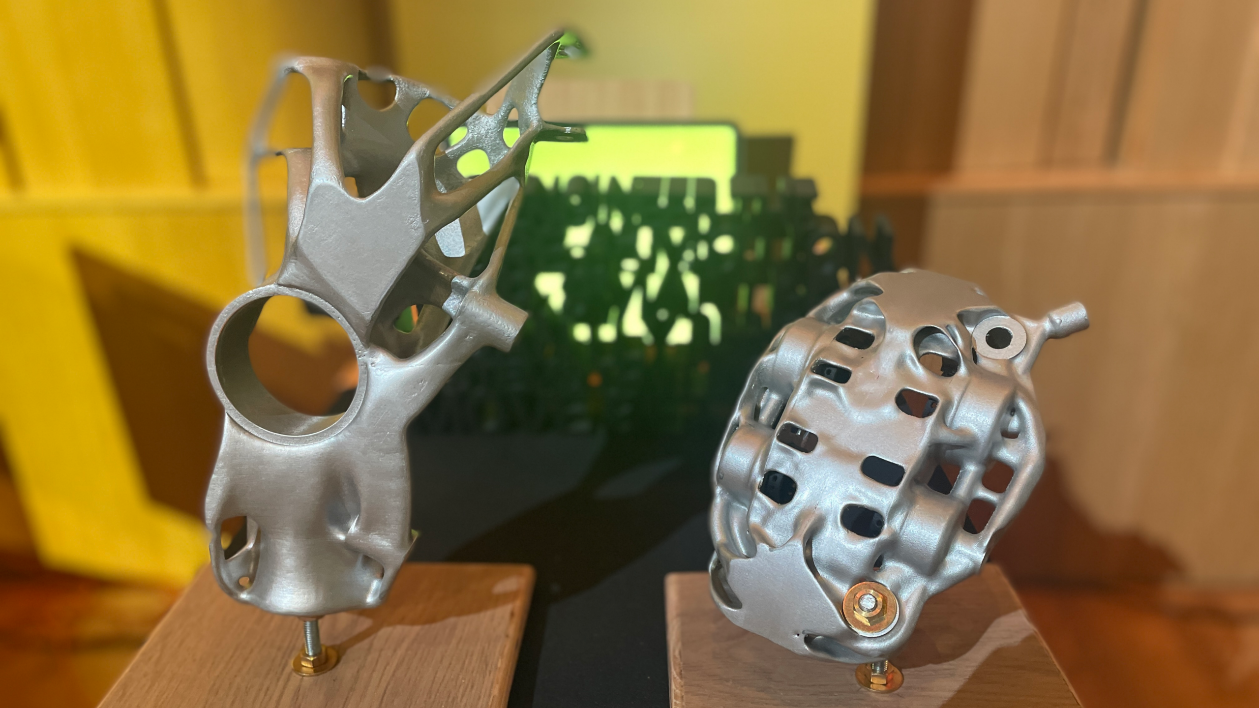physical protoype upright and brake caliper. Topology Optimized